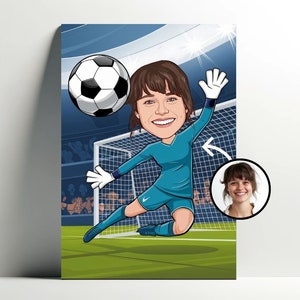 Personalized Portrait of a Football Goalkeeper | Customizable Cartoon Girl Poster, Photo Caricature, Football Woman Gift