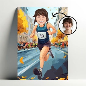 Retrato de corredor personalizado ? Cartel de niña de dibujos animados carrera de maratón personalizable, foto de caricatura, idea de regalo para correr para mujeres