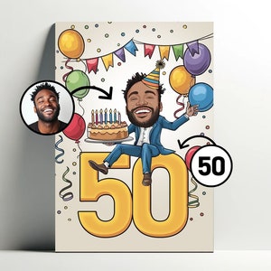 Personalisiertes Geburtstagsportrait | Cartoon-Poster mit anpassbarem Alter, Fotokarikatur, Geschenkidee zum Männergeburtstag