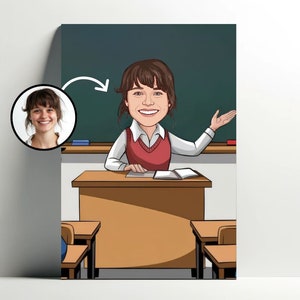 Ritratto personalizzato dell'insegnante | Poster personalizzabile di cartoni animati per insegnanti, caricatura fotografica, decorazione regalo per insegnanti per donne