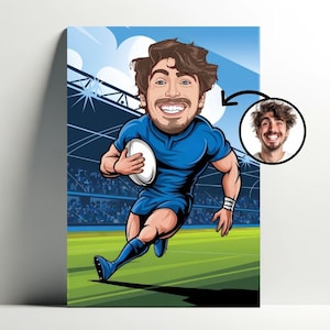 Ritratto personalizzato del giocatore di rugby | Poster Man Cartoon Rugbyman personalizzabile, caricatura di foto di rugby, regalo per ragazzo