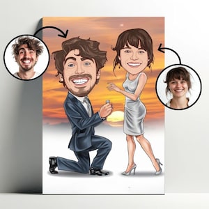 Propuesta de matrimonio con retrato personalizado | Póster de dibujos animados de boda personalizable, caricatura fotográfica, regalo para pareja, amantes