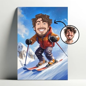 Gepersonaliseerde skiërportret | Aanpasbare ski-cartoonposter, fotokarikatuur, cadeau-idee voor heren skiërdecoratie