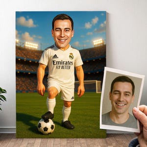 Retrato de fútbol personalizado del REAL MADRID - Caricatura de hombre de dibujos animados con foto, regalo de fútbol para niños | Póster, lienzo, digital