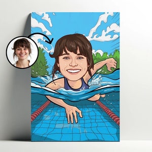 Gepersonaliseerde zwemportret | Personaliseerbare zwemmer meisje cartoon poster, fotokarikatuur, damescadeau, zwemdecoratie
