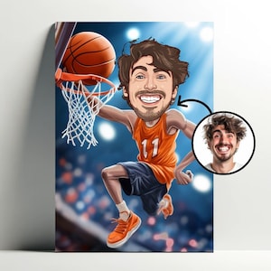 Personalisiertes Porträt eines Basketballspielers | Anpassbares Basketball-Cartoon-Poster, Fotokarikatur, Geschenkidee für Jungen
