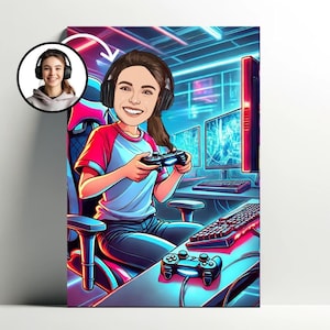 Custom Gamer Portrait | Customizable Girl Gamer Cartoon Poster, Photo Caricature, Gift Idea for Women, Video Game Decoration