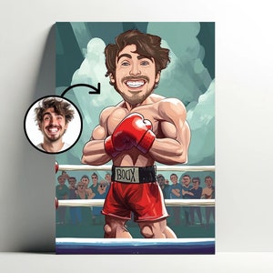 Retrato de boxeador personalizado ? Póster de dibujos animados de boxeo personalizable, caricatura fotográfica, regalo para hombres, decoración de luchador de boxeo