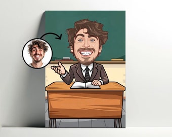 Personalized Teacher Portrait | Customizable Cartoon Teacher Poster, Caricature Photo, Gift for Men, Teacher Decoration