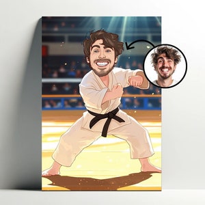 Retrato de judo personalizado | Póster personalizable de artes marciales de dibujos animados, caricatura fotográfica para hombres, idea de regalo para niños, decoración