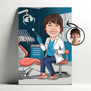 Personalisiertes Zahnarztportrait | Anpassbares Zahnarzt-Cartoon-Poster, Foto-Karikatur, Geschenkidee für Frauen, Zahnarzt-Dekoration