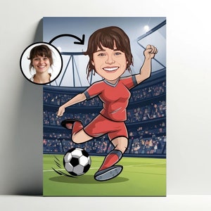 Portrait Personnalisé Joueuse de Football | Affiche de Fille dessin animé Foot Personnalisable, Caricature Photo, idée Cadeau Femme Football