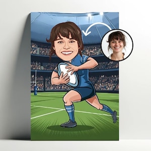 Ritratto personalizzato di giocatrice di rugby | Poster di cartoni animati Rugbyman personalizzabile, caricatura fotografica, regalo per ragazza di rugby