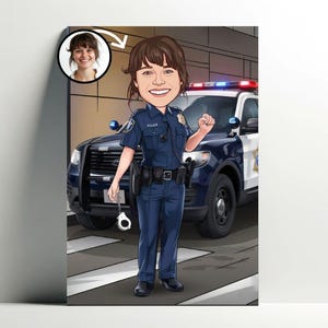 Ritratto personalizzato della polizia | Poster di cartoni animati personalizzabile dell'ufficiale di polizia, caricatura fotografica, regalo per le donne, decorazione dell'ufficiale di polizia