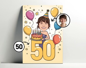 May include: A birthday card with a cartoon illustration of a person holding a cake with candles. The card has a yellow background with colorful balloons and stars. The number 50 is written in large yellow letters on the card.