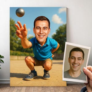 Gepersonaliseerd petanqueportret - Cartoon karikatuur van een man met foto, grootvader petanque cadeau | Poster, canvas, digitaal