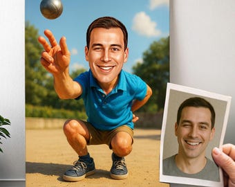 Personalized Petanque Portrait - Cartoon Man Caricature with Photo, Grandfather Petanque Gift | Poster, Canvas, Digital