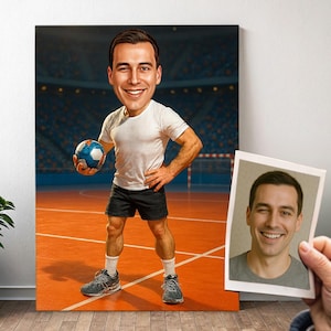 Personalized Handball Player Portrait - Cartoon Man Caricature with Photo, Handball Gift for Boy | Poster, Canvas, Digital