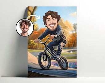 Custom BMX Portrait | Customizable BMX Cartoon Man Poster, Photo Caricature, Boy Bike Gift Idea, BMX Decoration