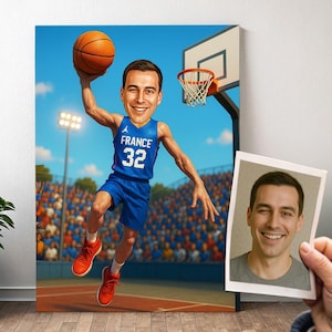 Spersonalizowany portret koszykarza FRANCJA - karykatura Dunk Cartoon ze zdjęciem, prezent dla fana koszykówki dla mężczyzn | Plakat, płótno, cyfrowe