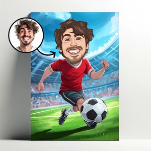 Ritratto personalizzato del giocatore di football dei cartoni animati | Poster di cartoni animati personalizzabile, caricatura fotografica di calcio, idea regalo uomo di calcio