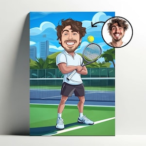 Ritratto personalizzato del giocatore di tennis | Poster di cartoni animati personalizzabile per uomo, caricatura con foto, idea regalo per ragazzo tennista