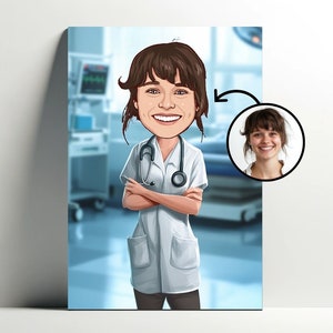 Personalized Cartoon Nurse Portrait | Customizable Cartoon Woman Poster, Girl Caricature Photo, Gift Idea for Nurse