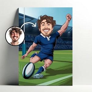 Custom Portrait Rugby Player | Customizable Rugbyman Cartoon Man Poster, Photo Caricature, Gift Idea for Rugby Boy