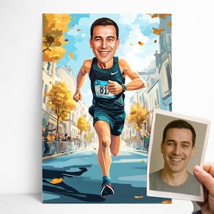 Portrait Personnalisé Coureur | Affiche dessin animé Course marathon Personnalisable, Caricature Photo, idée Cadeau Homme Jogging