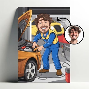 Ritratto meccanico personalizzato | Poster personalizzabile di cartoni animati meccanici, caricatura fotografica, decorazione di automobili regalo per uomo
