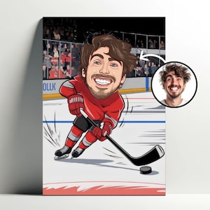 Ritratto personalizzato del giocatore di hockey | Poster di cartoni animati di hockey su ghiaccio personalizzabile, caricatura fotografica, idea regalo di hockey da uomo