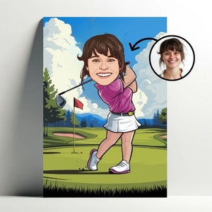 Personalized Golfer Portrait | Customizable Golf Cartoon Poster, Girl Caricature Photo, Gift Idea for Women Golf Decoration