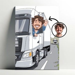 Gepersonaliseerde Trucker Portret | Aanpasbare vrachtwagenchauffeur cartoon poster, fotokarikatuur, vrachtwagenchauffeur man cadeau idee