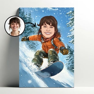 Custom Snowboard Portrait | Customizable Snowboarder Cartoon Woman Poster, Photo Caricature, Snowboard Girl Gift Idea