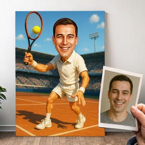 Ritratto personalizzato di un giocatore di tennis - Caricatura di un uomo dei cartoni animati con foto, divertente regalo di tennis per ragazzo | Poster, tela, digitale