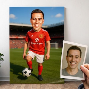 Gepersonaliseerd voetbalportret MANCHESTER UNITED - Cartoon man karikatuur met foto, voetbalcadeau voor jongens | Poster, canvas, digitaal