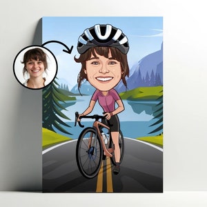 Personalized Cyclist Portrait | Customizable Cartoon Girl Bike Poster, Photo Caricature, Gift for Women Decoration for Cyclist