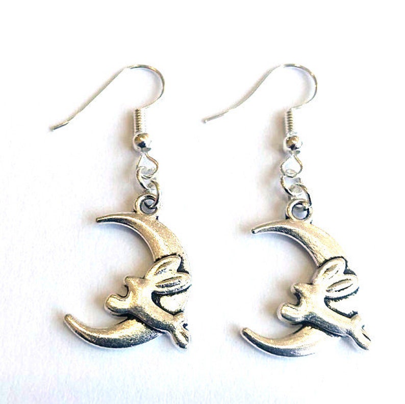 Rabbit Earrings Moon Earrings Hare on Moon Earrings gazing hare moon and hare earrings image 1