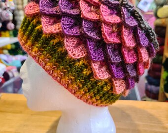 Pink Fairy Hat, Adult l Dragon scale hat, Pink beanie hat, Pink crocodile stitch hat, Pink hat, purple hat, Pink and green, afterglow, vegan