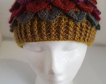 Brown hat, Adult sized Dragon scale hat, beanie hat, crocodile stitch hat, unisex hat, green hat, autumn colours, folk