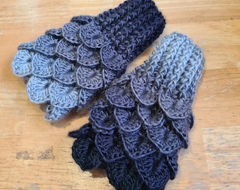 Kids black grey Mittens, Black Grey Dragon scale gloves, Mermaid gloves, Crocodile gloves, childrens fingerless gloves,