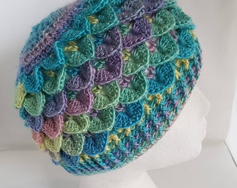 Adult sized Dragon scale hat, beanie hat, crocodile stitch hat, unisex hat, green hat,  blue hat, turquoise hat  harmony pastel hat, quirky