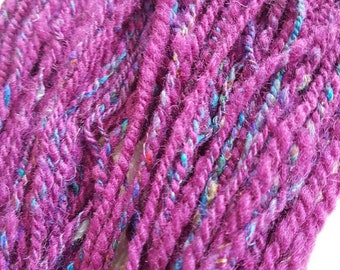 Plum handspun yarn - wool yarn - art yarn - plum purple yarn with blue sari silk speckles - Perendale wool