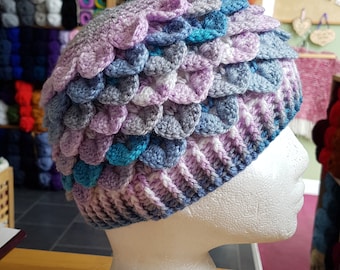 Blue hat, blue Adult hat, blue Dragon scale hat, purple beanie hat, purple crocodile stitch hat, trans flag, trans pride, vegan hat,