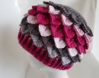 Pink Fairy Hat, Adult sized Dragon scale hat, Pink beanie hat, Pink crocodile stitch hat, Pink hat, Grey hat - Pink and grey, Moonbeam