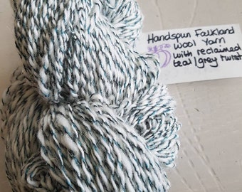 Falkland handspun yarn - wool yarn - cream and teal yarn