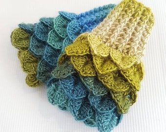 Kids blue green Mittens, green blue Dragon scale gloves, Mermaid gloves, Crocodile gloves, childrens fingerless gloves, eden