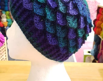 Adult sized Dragon scale hat, beanie hat, crocodile stitch hat, unisex hat, green hat,  blue hat, navy blue hat, deep, vegan hat, dark blue