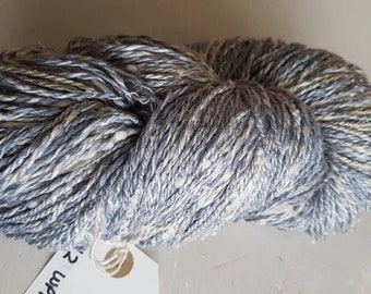 Handspun Blue vegan yarn, handspun grey vegan yarn, blue and white yarn, flax yarn, tencel yarn, grey and white yarn, mint yarn, cotton yarn