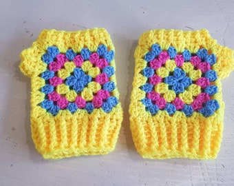 Pansexual flag mittens, blue mittens, fingerless gloves, Pride, lgbt, adult, trans pride, trans flag gloves, tellow mittens, granny square